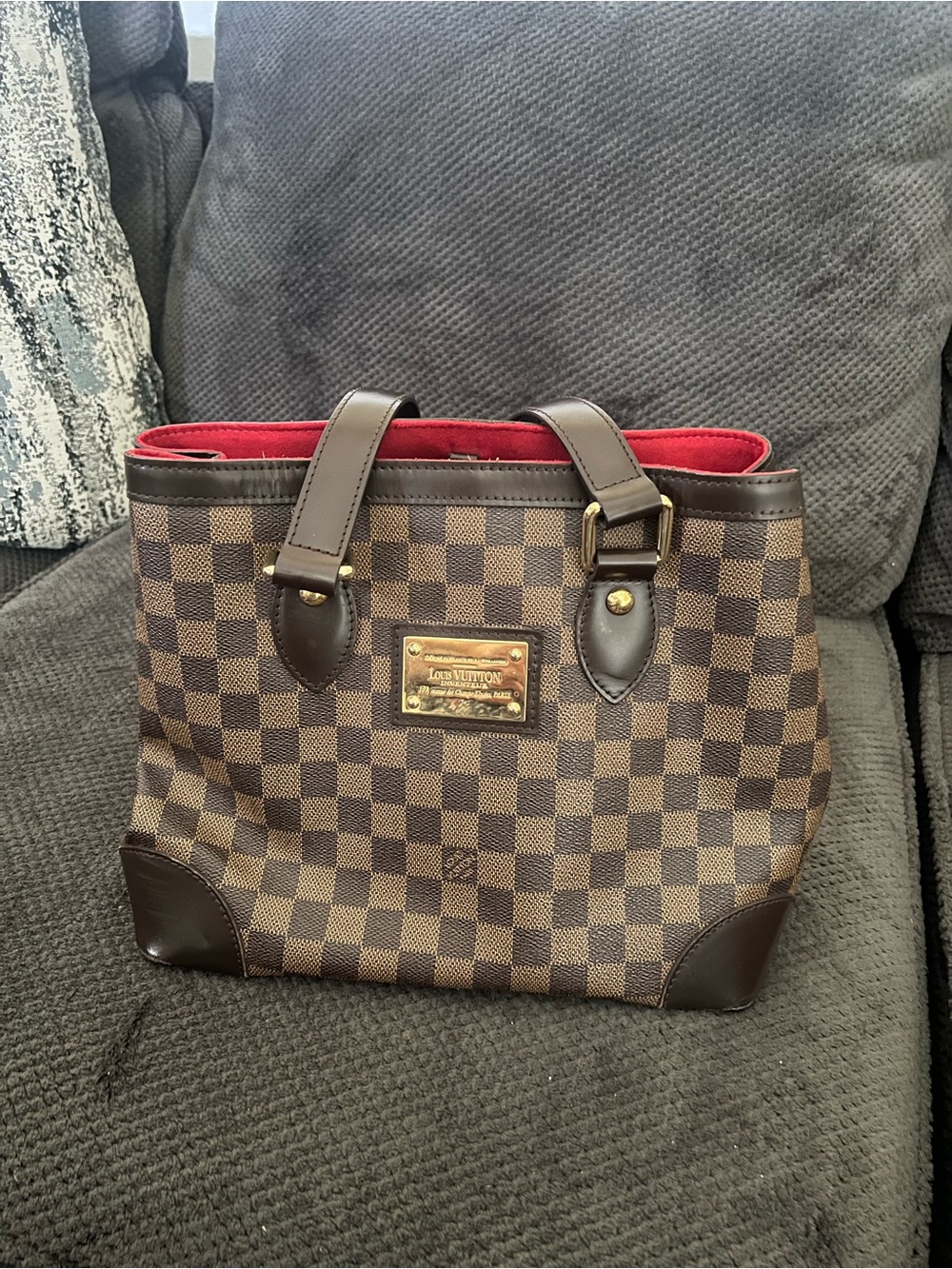Louis Vuitton Brown Damier Canvas Tote with Red Interior - Picture 1 of 7